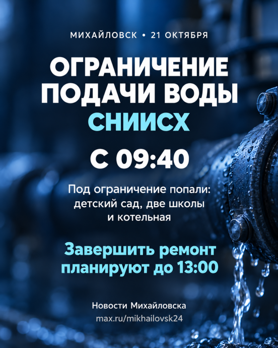 ​В Михайловске из-за аварии ограничили подачу воды в п. СНИИСХ